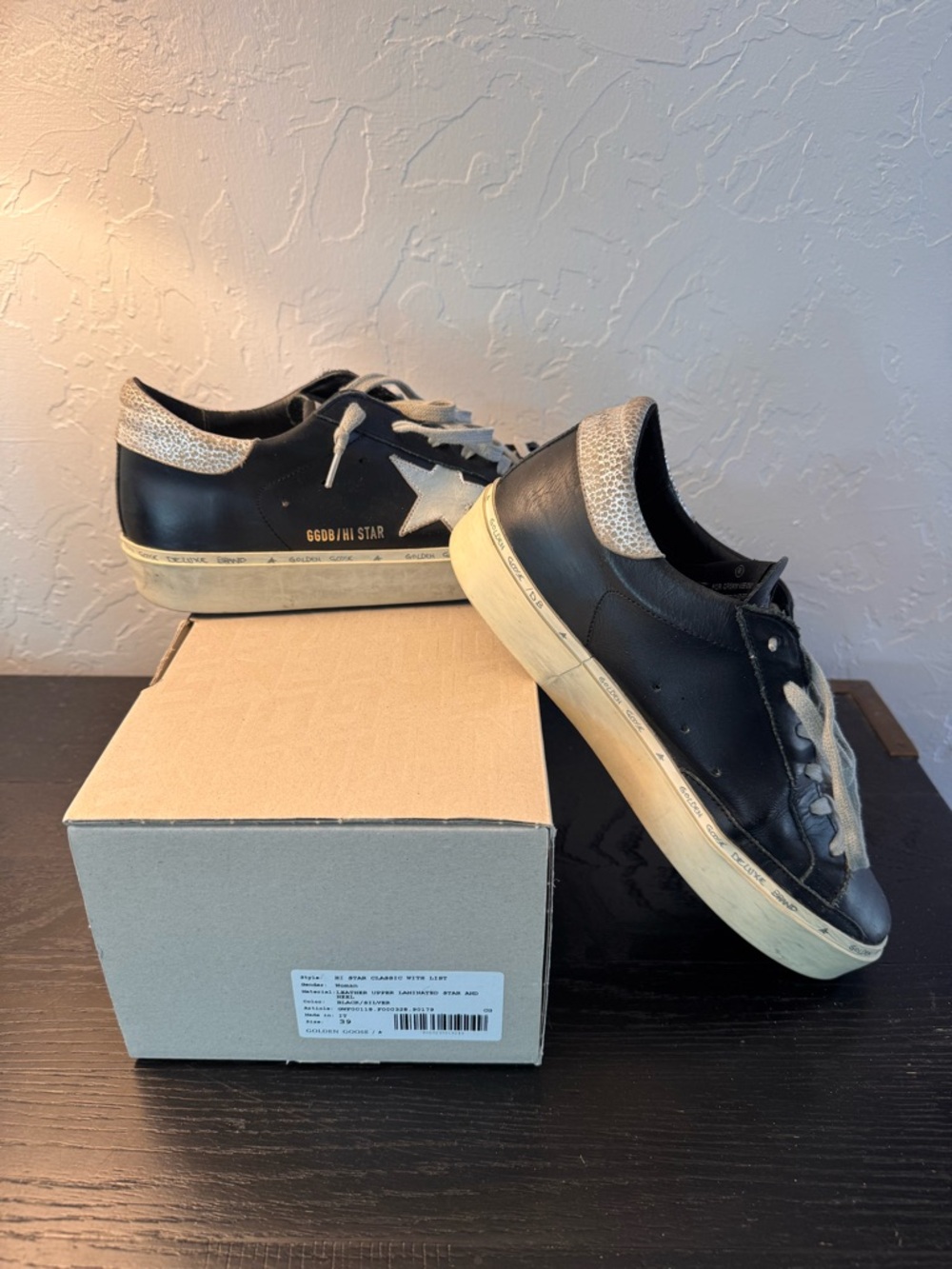 Golden Goose Black Leather Superstar Sneakers with White Star and Speckled Heel